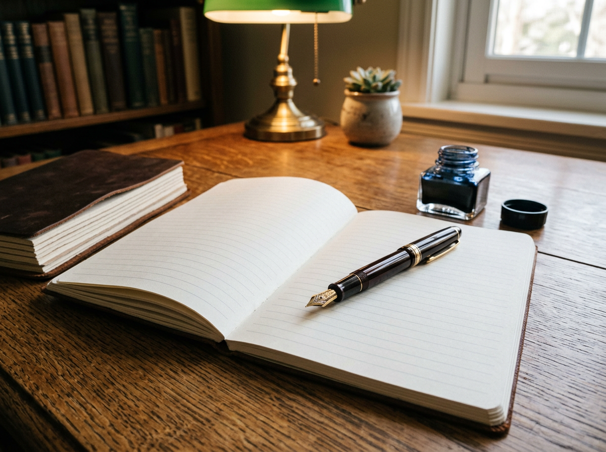 Open lined notebook with fountain pen on wooden desk alongside ink bottle and lamp